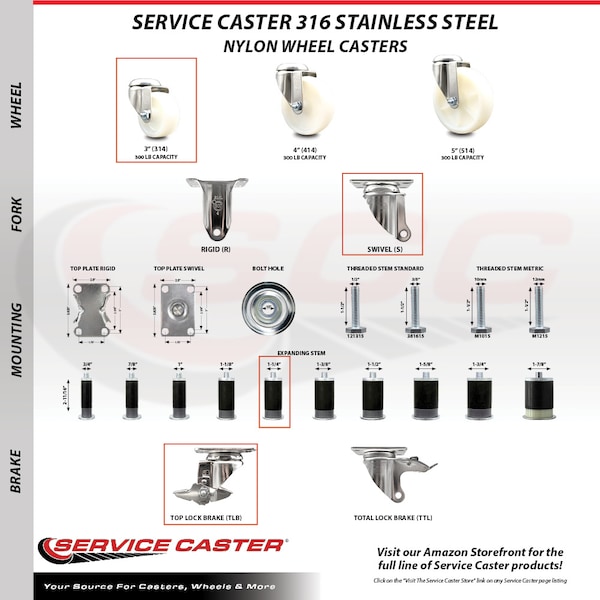 Service Caster 3 Inch 316SS Nylon Wheel Swivel 1-1/4 Inch Expanding Stem Caster Set Brake SCC SCC-SS316EX20S314-NYS-TLB-114-4 - main